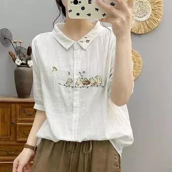 Двухслойная хлопковая пряжа с рукавом пять четвертей для женщин, летняя, в лесном стиле, в художественном стиле, свежая вышитая блузка и рубашки из чистого хлопка M