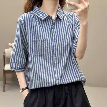 Двухслойная хлопковая пряжа с вертикальными полосками и рукавами 3/4, женская летняя рубашка, новый художественный повседневный универсальный топ с лацканами S розовый