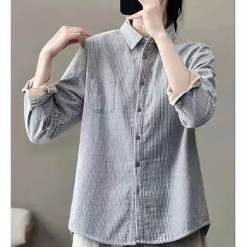 Двухслойная хлопковая рубашка в полоску для женщин зимой