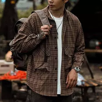 Двухслойная клетчатая рубашка в японском стиле из хлопчатобумажной пряжи для спецодежды, женская осенняя свободная повседневная рубашка с воротником-поло, топ высокого класса с длинными рукавами M хаки