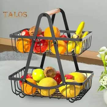 Двухслойная корзина для фруктов с деревянной ручкой, многофункциональная стойка для хранения, органайзер для столешницы, прочная металлическая подставка для фруктов чёрный
