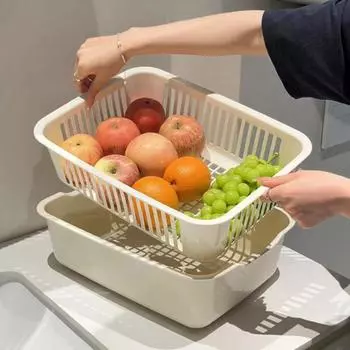 Двухслойная корзина для слива, миска для мытья овощей, пищевая, без бисфенола А, многофункциональная корзина для слива фруктов серый