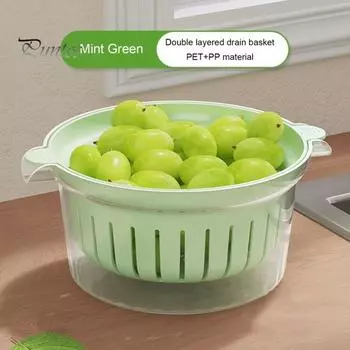 Двухслойная корзина для слива воды с ручкой, большой емкости, пищевая корзина без BPA, кухонный набор дуршлагов мятный зеленый