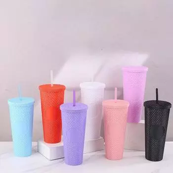 Двухслойная красивая чашка для чая с молоком и соломой, многоцветная пластиковая чашка большой емкости, уличная портативная удобная чашка, чашка из дуриана 701-800ml синий