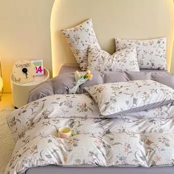 Двухслойная марля из стираного хлопка Простой комплект постельного белья из трех частей для спальни Четырехсекционный пододеяльник 1.2m bed
