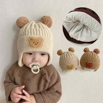 Двухслойная милая шапка с медведем для малышей, зима-осень, теплая вязаная шапочка, шапочка для малышей, мальчиков и девочек, чепчик, защитные шапки для ушей бежевый