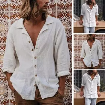 Двухслойная мятая мужская свободная повседневная рубашка с кубинским воротником и лацканами, однотонная удобная рубашка для мужчин S белый