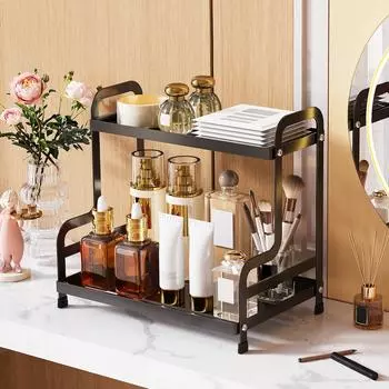 Двухслойная полка для хранения косметики, средства по уходу за кожей, коробка для хранения духов, полка-органайзер для ванной комнаты, полка для туалетного столика в ванной комнате A чёрный