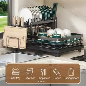 Двухслойная полка для хранения. Сушилка для кухонной стойки. Большая вместимость. Прочная несущая полка для сушки посуды с антикоррозийным покрытием. Органайзер с 2 ярусными пластинами.
