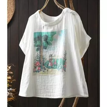 Двухслойная рубашка из хлопковой пряжи с винтажным цветочным принтом, круглый воротник, женская блузка из хлопковой пряжи с коротким рукавом, большие японские корейские рубашки One Size