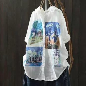 Двухслойная рубашка из хлопковой пряжи с винтажным цветочным принтом и лацканами, женская пляжная блузка с коротким рукавом, свободные японские корейские рубашки One Size