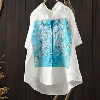 Двухслойная рубашка из хлопковой пряжи с винтажным цветочным принтом и лацканами, женская пляжная блузка с коротким рукавом, свободные японские корейские рубашки One Size