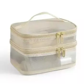 Двухслойная сетчатая косметичка, сумка для умывания, женская портативная новая сумка для хранения большой вместимости, сумка для хранения косметики бежевый