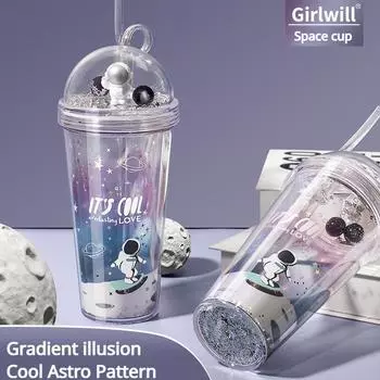 Двухслойная соломенная чашка Girlwill, летняя чашка в стиле Ins, космическая чашка, креативная пластиковая чашка для воды с блестками и астронавтом для детей, подарки 420ml