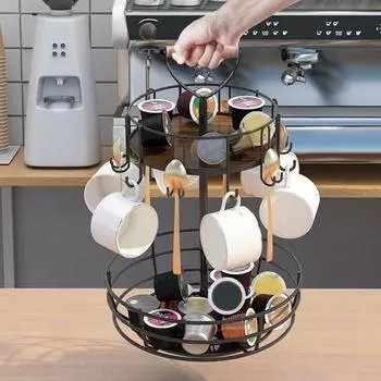 Двухслойная стойка для хранения, держатель для кофейных чашек, вращающаяся конструкция, большая вместимость, кухонный органайзер для столешницы с крючком B