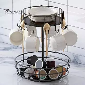 Двухслойная стойка для хранения, держатель для кофейных чашек, вращающаяся конструкция, большая вместимость, кухонный органайзер для столешницы с крючком B