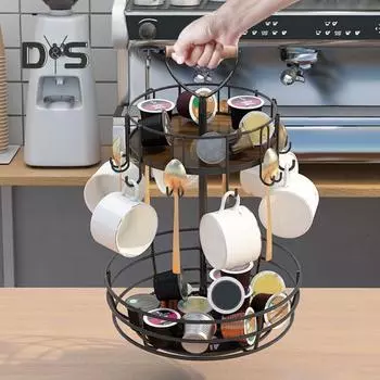 Двухслойная стойка для хранения, держатель для кофейных чашек, вращающаяся конструкция, большая вместимость, кухонный органайзер для столешницы с крючком B