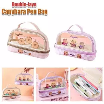 Двухслойная сумка для хранения канцелярских принадлежностей, прозрачная коробка для ручек, симпатичная сумка для карандашей розовый