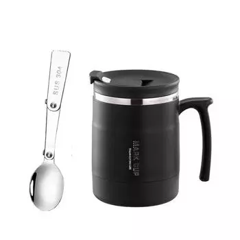 Двухслойная термостойкая кружка из нержавеющей стали с крышкой и ложкой 500 мл One Size чёрный