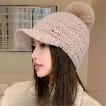 Двухслойная толстая вязаная бейсболка из меха кролика со стрелой для женщин, теплая шерстяная кепка с шариками и пряжей для зимнего отдыха One size чёрный