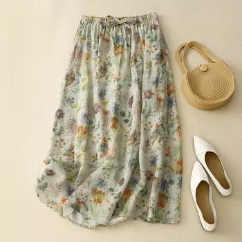 Двухслойная юбка с цветочным принтом Женская литературная и артистичная тонкая летняя юбка с темпераментом из хлопка и льна на подкладке One Size
