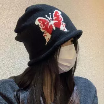 Двухслойная утолщенная шапка-бабочка, женская шапка с большой окружностью головы, ленивая шапка с защитой от ветра, женская шапка с маленьким мешком для лица, шерстяная шапка One size elastic (54-60cm) чёрный