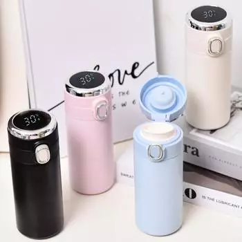 Двухслойная вакуумная отскакивающая крышка, изоляционная чашка из нержавеющей стали, интеллектуальная чашка с дисплеем температуры, деловая чашка для воды 320mL розовый