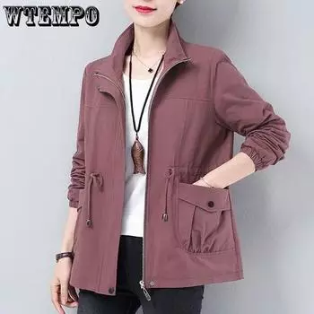 Двухслойная женская ветровка больших размеров на весну-осень в Корейском стиле с подкладкой на шнурке и воротником-стойкой на талии M чёрный