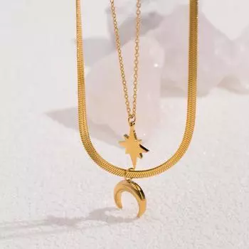 Двухслойное колье из нержавеющей стали со звездой и луной золотой