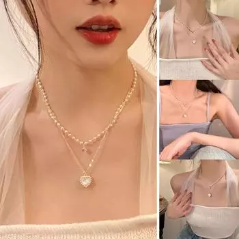 Двухслойное модное Kpop колье-чокер с сердечком и жемчугом на ключицу для женщин, свадебные украшения Elegan G4J0 white-onesize
