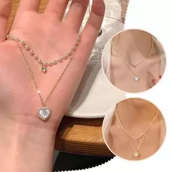 Двухслойное модное Kpop ожерелье-чокер с сердечком и жемчугом, подарок на ключицу, свадьба, элегантный кулон, еврей J5B7 white-onesize