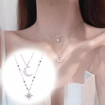 Двухслойное ожерелье для женщин, колье-чокер с мерцающей звездой и луной, ожерелье с подвеской из искусственного бриллианта, цепочка на ключицу со стразами, ювелирные аксессуары серебряный