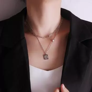 Двухслойное ожерелье из титановой стали для девочек, маленькое квадратное брендовое ожерелье с цепочкой на ключицы и головой серебряный