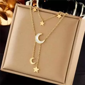 Двухслойное ожерелье с кисточкой в виде звезды и полумесяца для женщин, винтажный аксессуар из сплава в богемном стиле, универсальный для повседневной и праздничной носки золотой