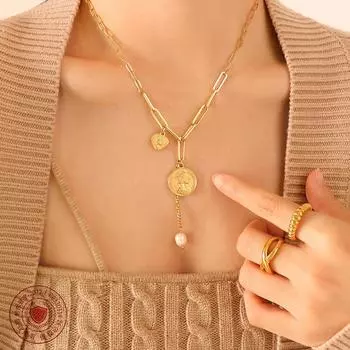 Двухслойное ожерелье с круглым портретом бренда, нишевый дизайн, ретро-ветер, титановая сталь, покрытая 18-каратным золотом, цепочка на ключицу, ювелирные изделия