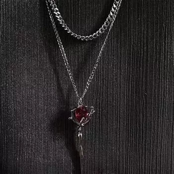 Двухслойное ожерелье с подвеской из красного циркония и розы, многослойные ожерелья с цветочным камнем, нерегулярное цветочное эстетическое модное ожерелье onesize