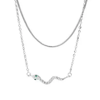 Двухслойное ожерелье-змея с зелеными глазами Изысканное и уникальное волнистое животное змея цепочка на ключицу зеленый цирконий змея зодиакальный кулон Copper