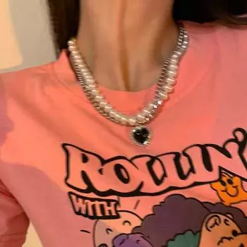 Двухслойное ретро-ожерелье Black Love с жемчугом на ключице - 2025 г., стиль хип-хоп, холодный, для женщин Heart Double Pearl Necklace чёрный