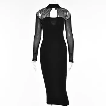 Двухслойное сетчатое сексуальное летнее платье, женское облегающее платье миди без бретелек с длинным рукавом, однотонное элегантное вечернее платье S чёрный