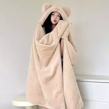 Двухслойное толстое одеяло-шаль с медвежьим принтом 2024 года – симпатичное одеяло-плащ для дивана на осень и зиму