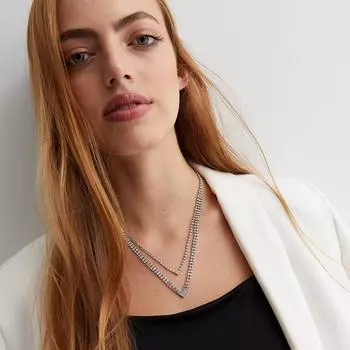 Двухслойное V-образное ожерелье, женские украшения, изысканные стразы, ключичная цепочка, взрыв, преувеличенные аксессуары серебряный