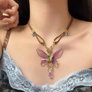 Двухслойное винтажное кожаное ожерелье с подвеской в виде бабочки для женщин