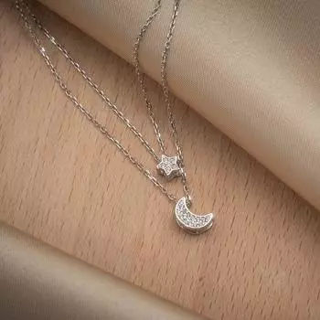 Двухслойное женское ожерелье из стерлингового серебра 925 пробы с луной и звездами, элегантное блестящее ожерелье с фианитами на ключицу, ювелирное изделие S-N233