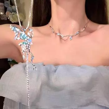 Двухслойное женское ожерелье с кисточками из голубых кристаллов и бабочкой - изысканный дизайн класса люкс 2025 A# Diamond Necklace