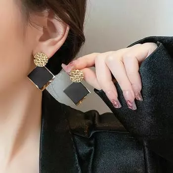 Двухслойные большие квадратные черные ромбовидные металлические серьги-подвески с модной геометрией и блестками, ювелирные изделия Brincos для женщин