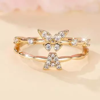 Двухслойные циркониевые бабочки 26 букв открытые кольца для женщин золотого цвета регулируемое кольцо палец ювелирные изделия свадебный подарок A золотой