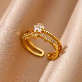 Двухслойные кольца из циркония со звездами для женщин, открытые регулируемые обручальные кольца из нержавеющей стали золотого цвета, эстетичные ювелирные изделия, подарок