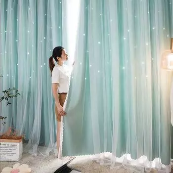 Двухслойные плотные полые шторы в стиле принцессы на заказ со звездами и кружевной тюлевой тканью для декора окон дома, гостиной W150xH270cm