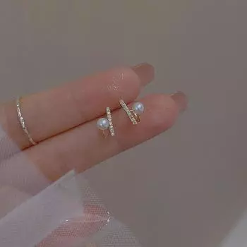 Двухслойные серьги-гвоздики из циркония, уникальный дизайн, простые серьги с темперированными бриллиантами, серьги с искусственным жемчугом.