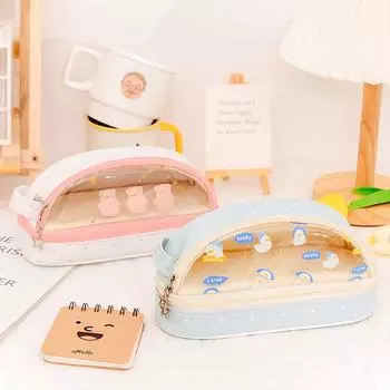 Двухслойный большой пенал для девочек и мальчиков, милый прозрачный пенал на молнии, эстетический пенал синий